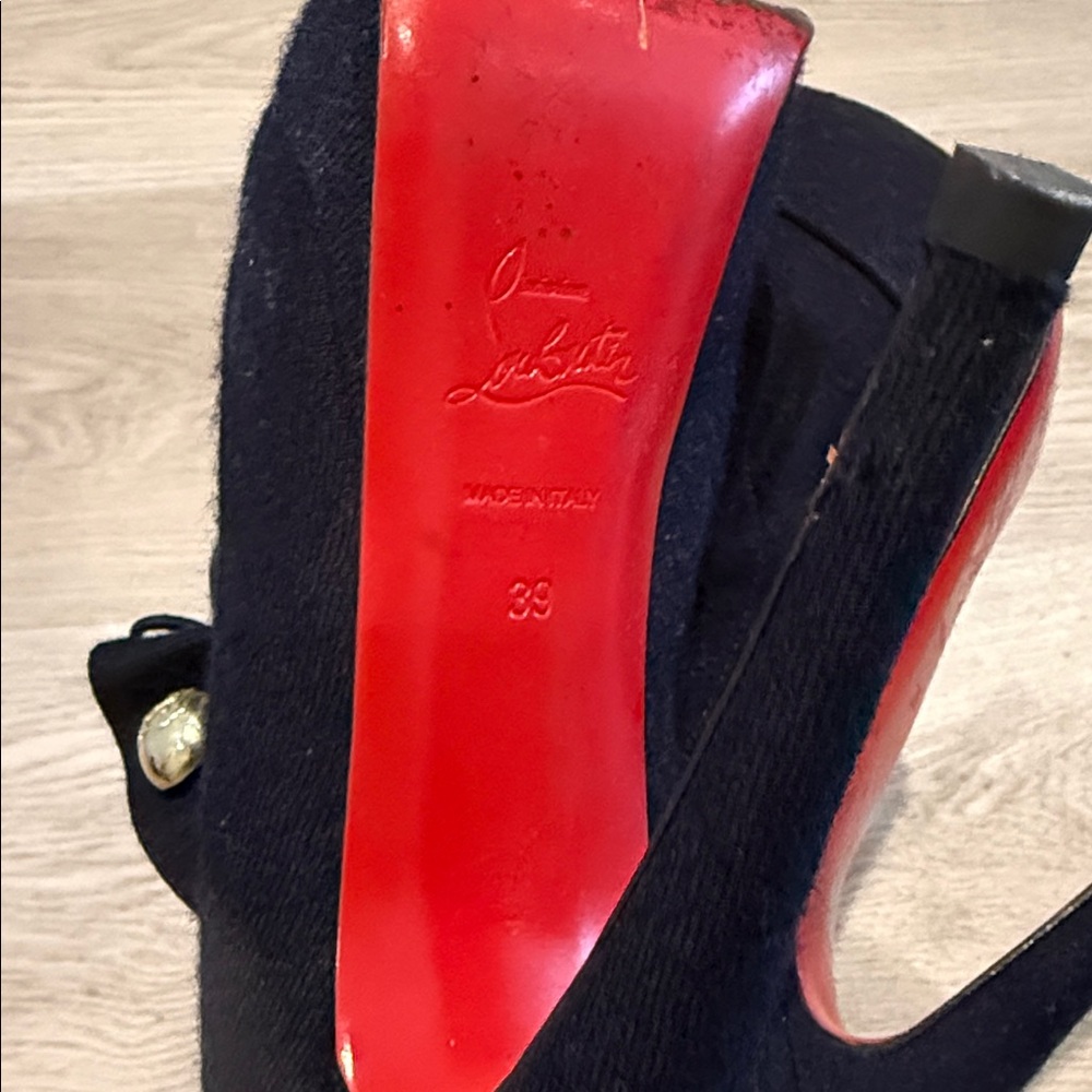 Christian Louboutin Navy Flannel "Loubout" 150 Peep-Toe Booties - Picture 7 of 8